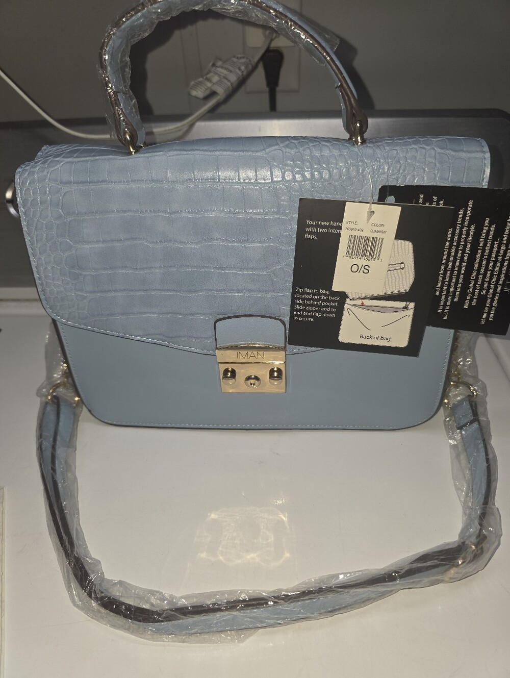 Iman Light Blue Croc-Texture Top Handle Bag